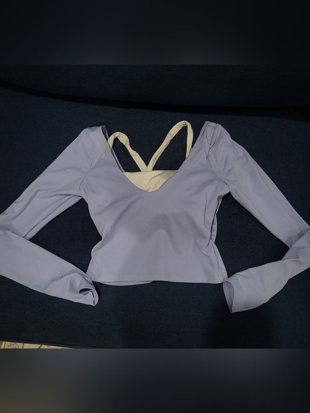 .Women's Lavender Long Sleeve V-Neck Top with White Strappy Back
